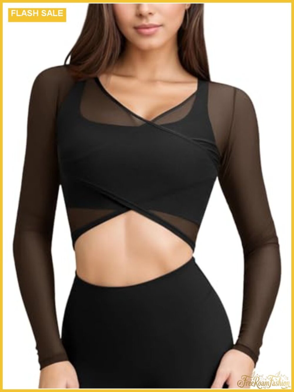 Women's Mesh Long Sleeve Crop Top, V-Neck Cross Wrap Yoga Running Athletic Shirt